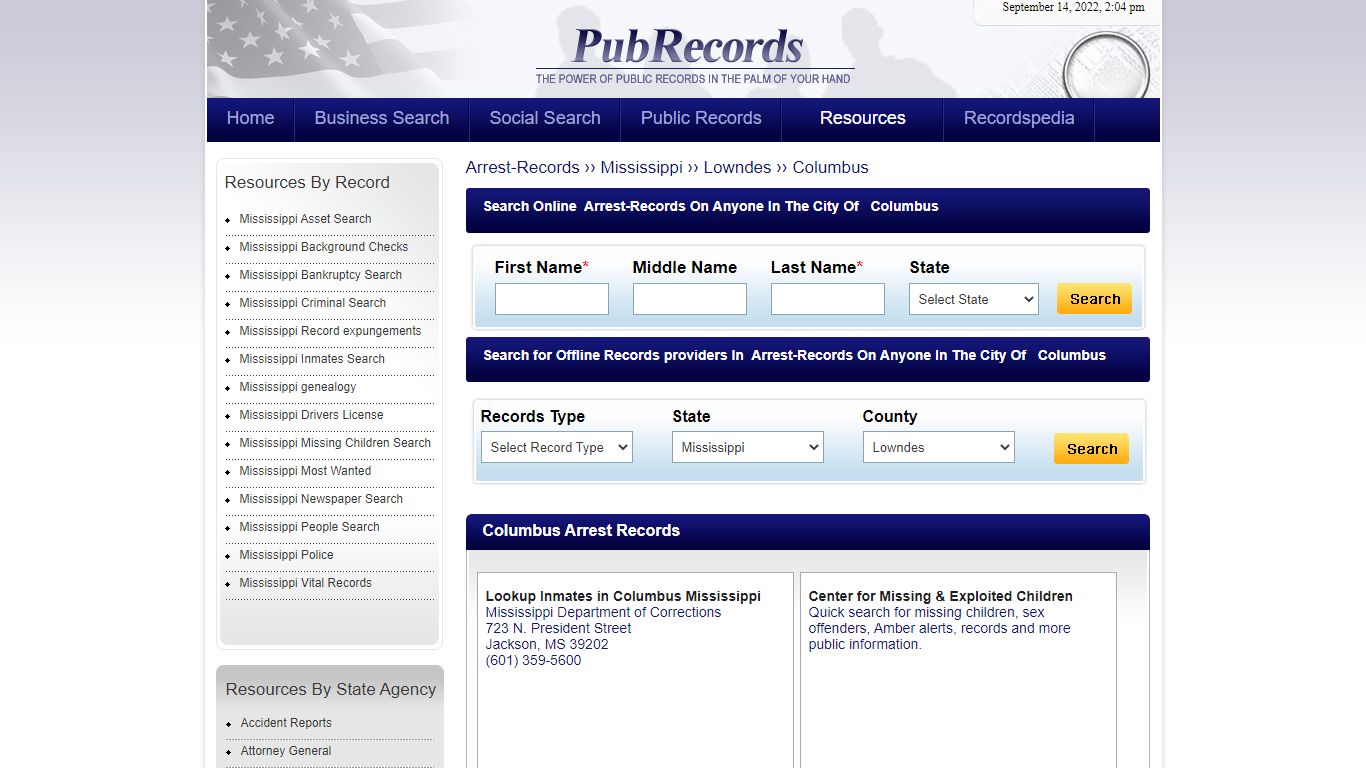 Columbus, Lowndes County, Mississippi Arrest Records